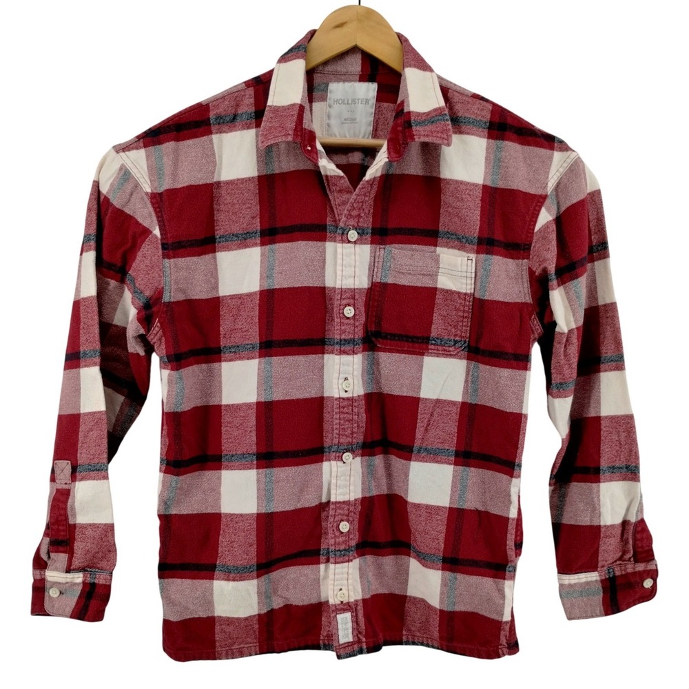 Hollister Mens Flannel Shirt Cranberry White Plaid Button Up Cotton Size Medium‎